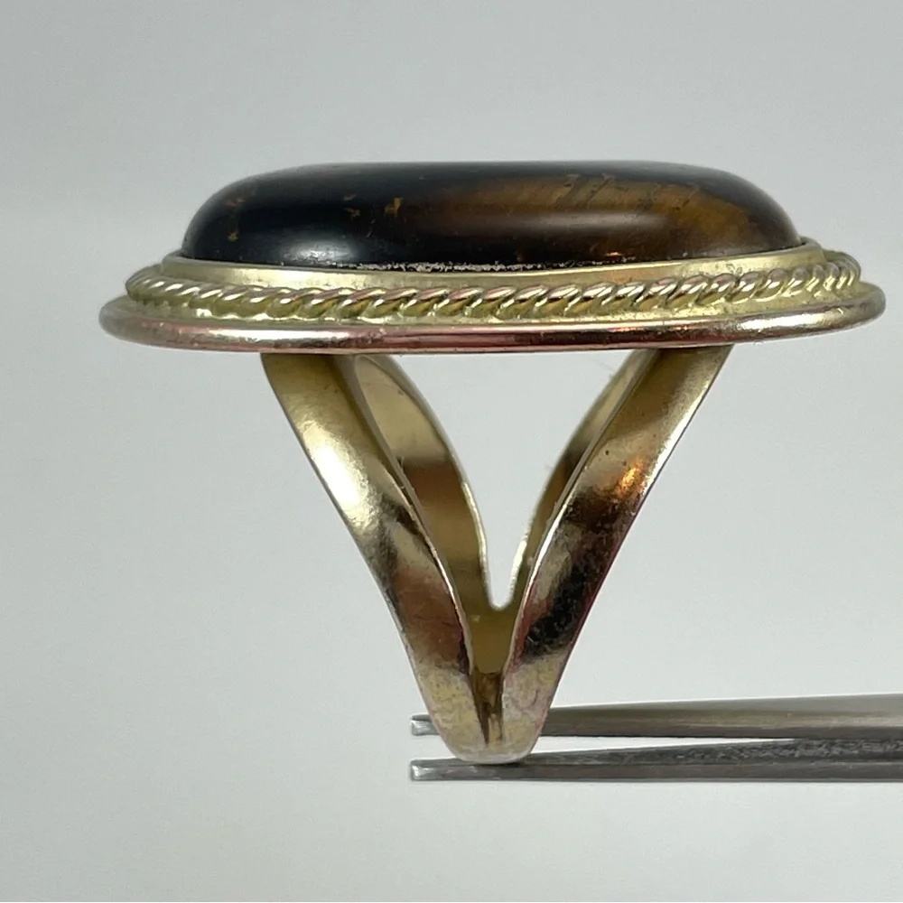 Stunning Silver Tone Oval Cut Tigers Eye Gemstone Statement Ring Stunning Sz 8